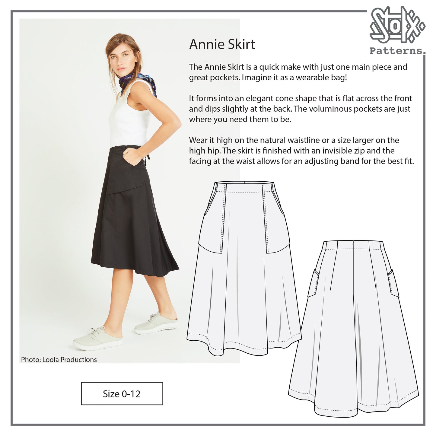A sewing pattern for the Annie Skirt, showing the finished skirt in a worn look, with illustrations of the skirt's silhouette and a detail of the pocket. The pattern size range is 0-12.
