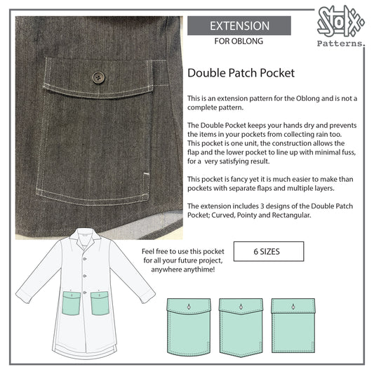 Pattern extension for a double patch pocket on a shirt design with text and illustrations.